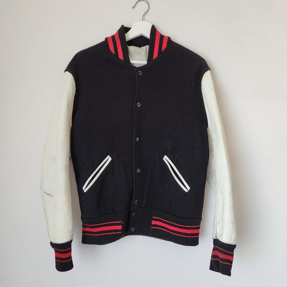Vintage Lasley Knitting Co. Wool Leather Varsity Letterman Jacket Black White - Picture 2 of 12